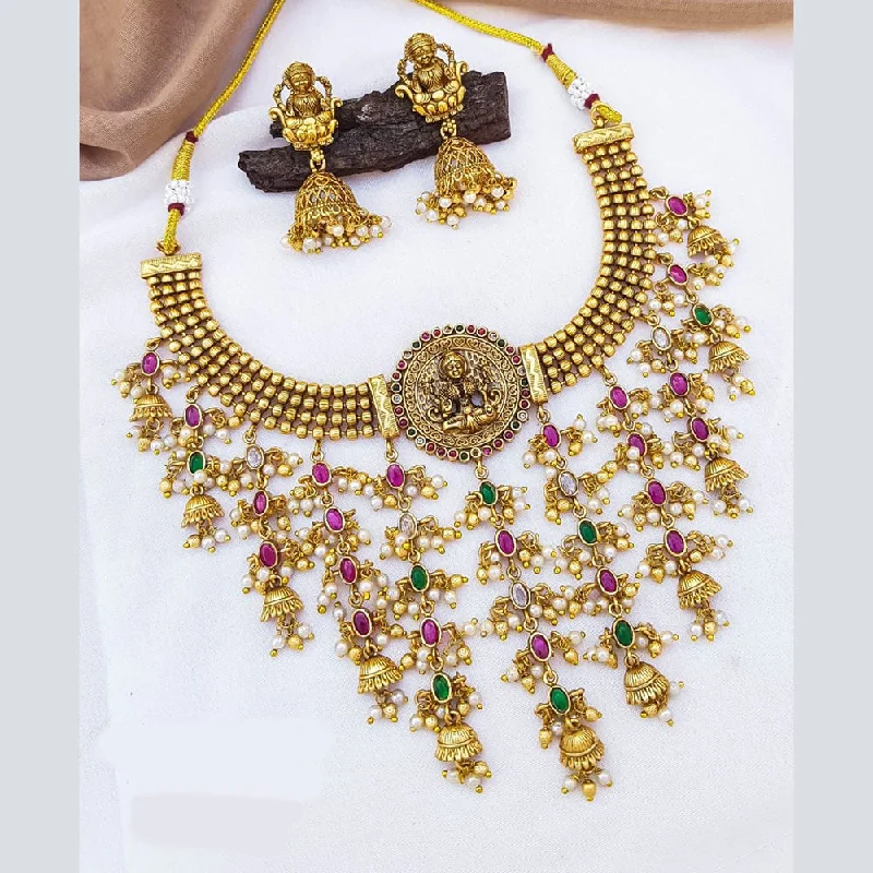 Trendy Birthstone Necklaces-Sangita Creation  Copper Gold  Pota Stone Temple Long  Necklace Set