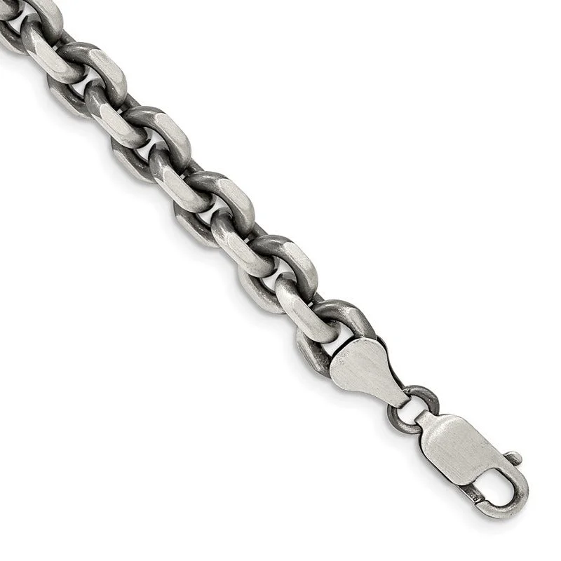 Wedding Bangle Bracelets-Sterling Silver Antiqued 7.0mm D/C Elongated Open Link Chain Bracelet