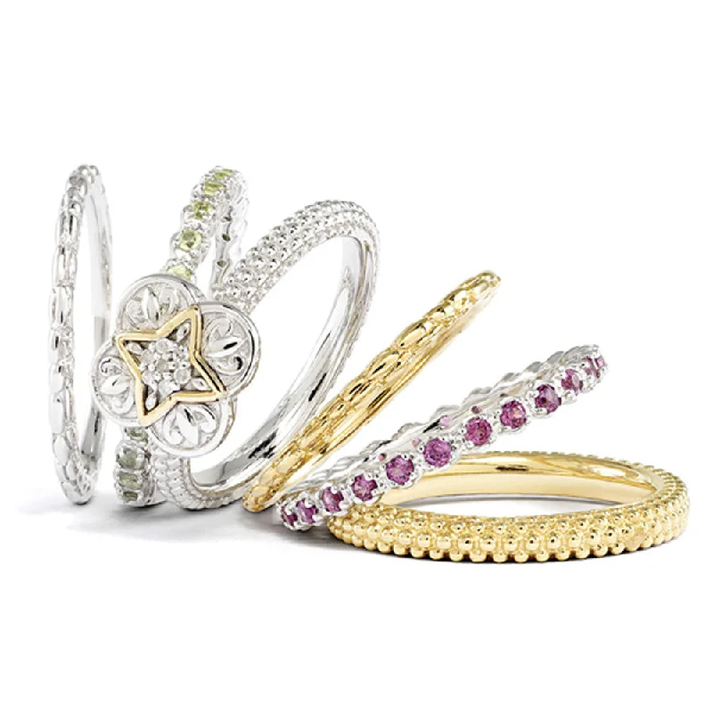 Colored Gemstone Rings-Sterling Silver & 14K Gold Plated Diamond Ornate Stackable Ring Set