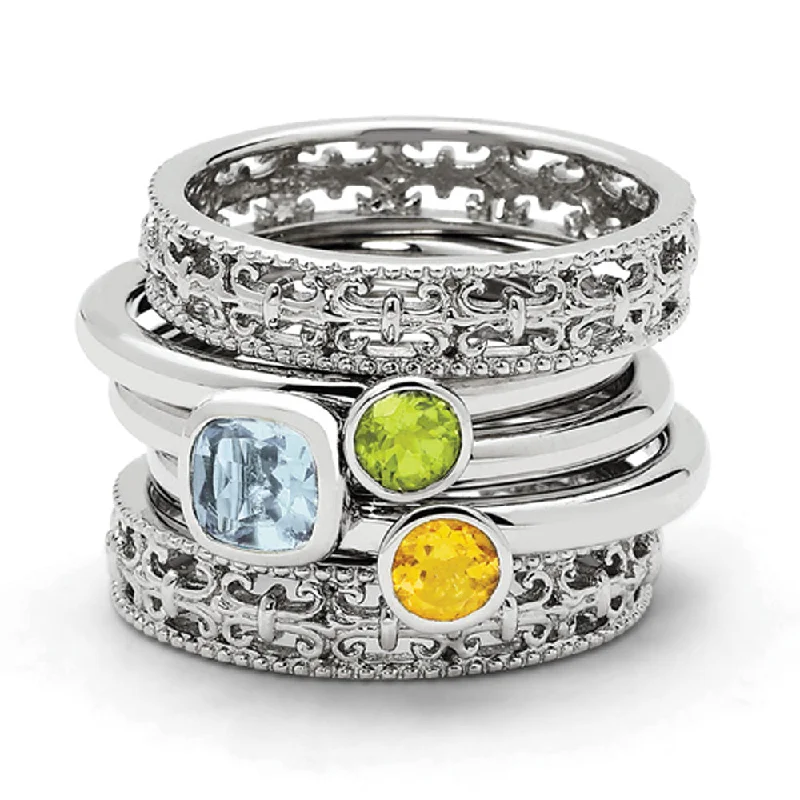 Adjustable Silver Rings-Sterling Silver Stackable Triple Solitaire Gemstone Ring Set