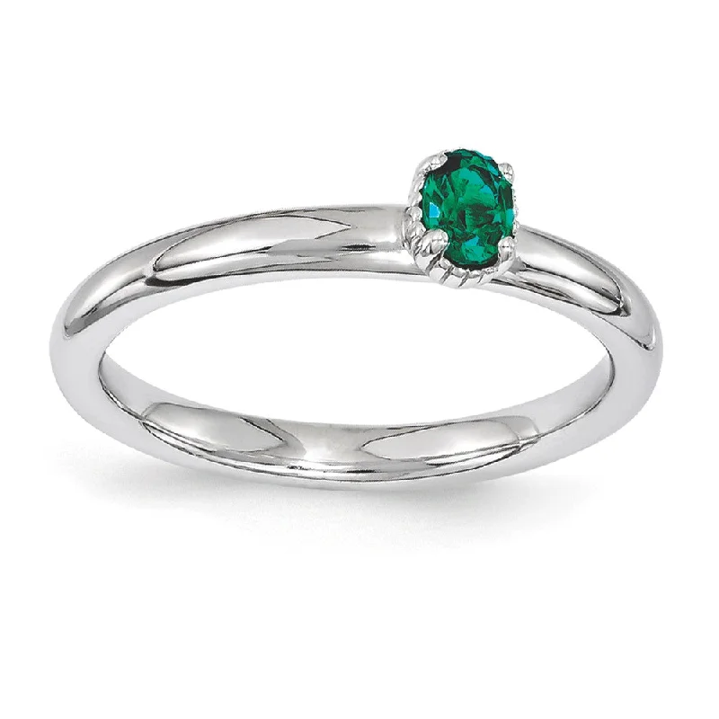 Engagement Ring with Sapphire-Sterling Silver Stackable Created Emerald Oval Single Stone Ring