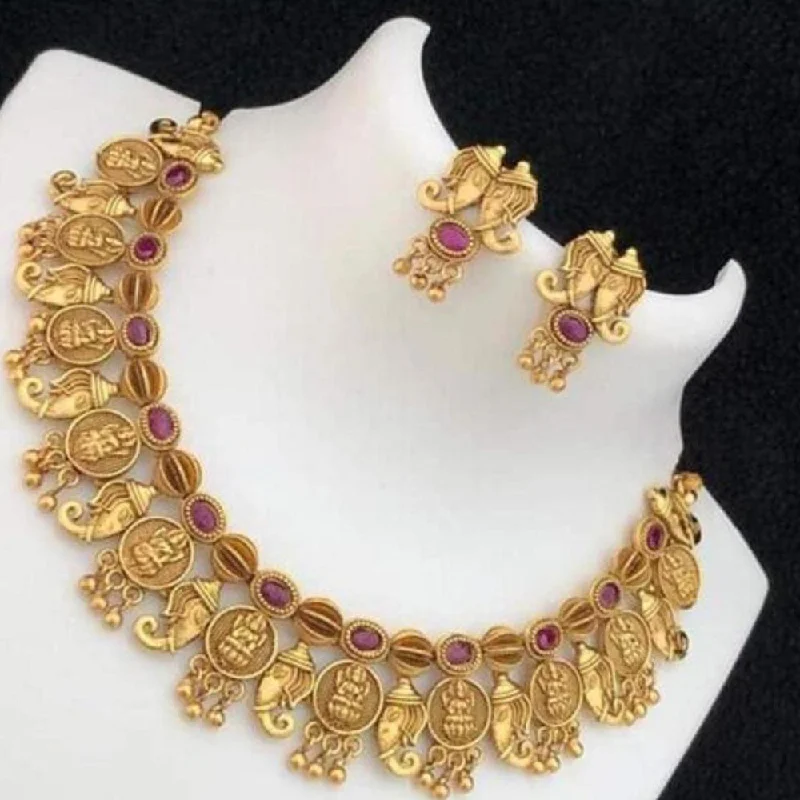 Layered Diamond Necklaces-India Art Gold Plated Pink Pota Stone Choker Necklace Set