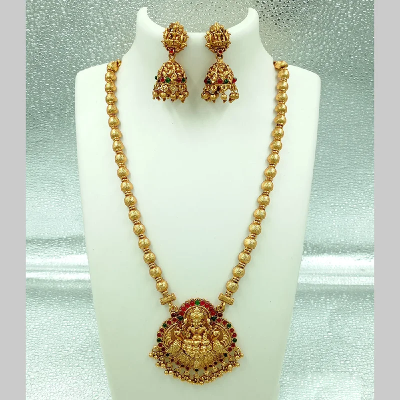 Layered Diamond Necklaces-Joyful Jewel Art Matte Gold Plated Pota Stone Temple Long Necklace Set