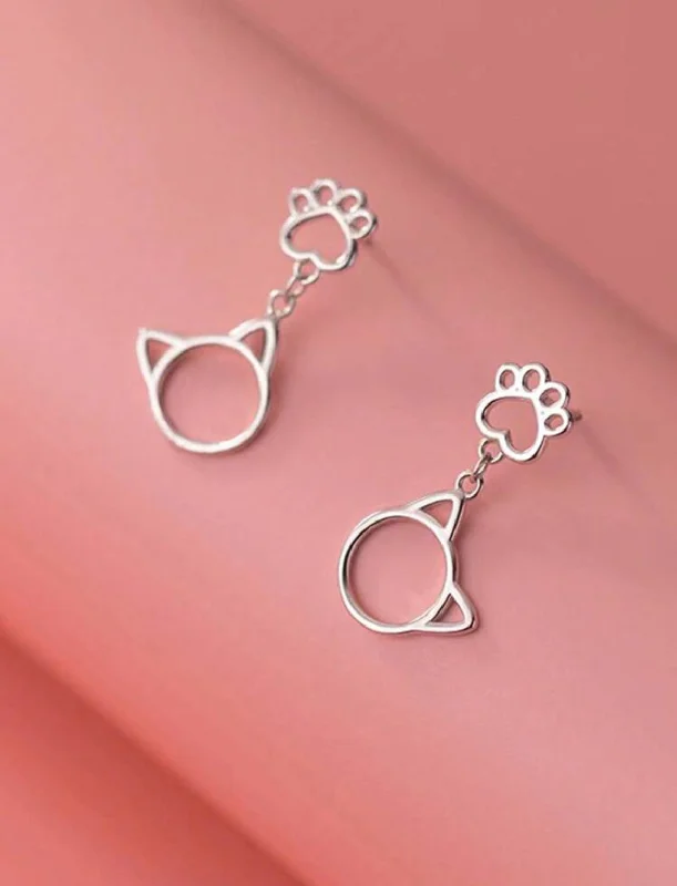 Unique Wedding Earrings-Beautiful Cat and Paw Stud Drop Earrings