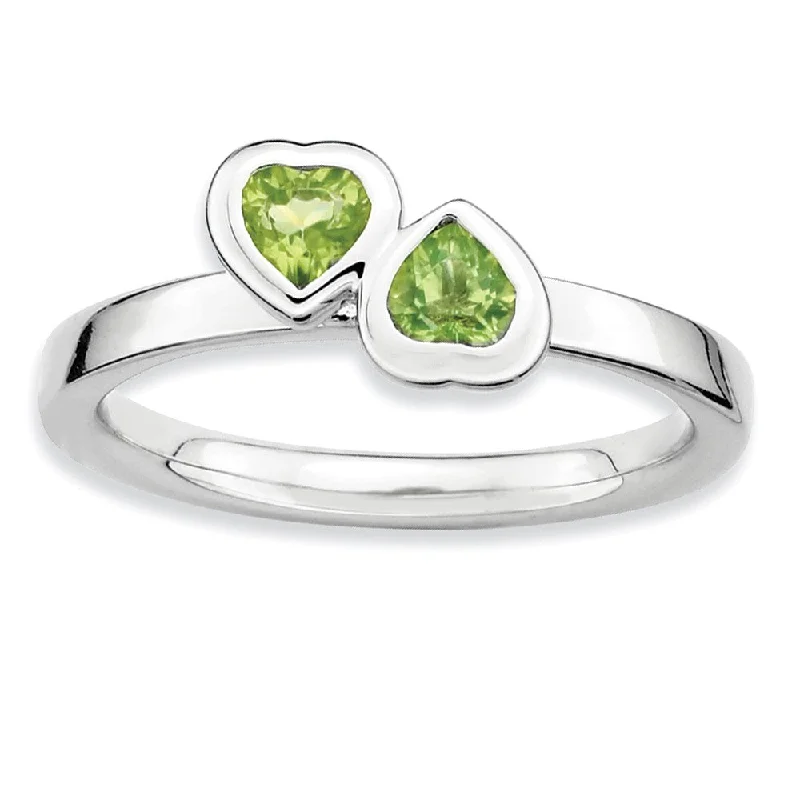 Beautiful Engagement Ring Sets-Sterling Silver Stackable Double Heart Peridot Ring