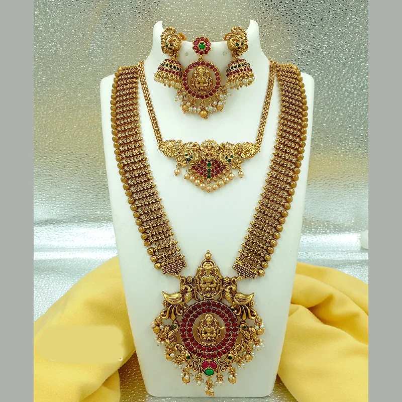 Trendy Birthstone Necklaces-Joyful Jewel Art Matte Gold Plated Pota Stone Temple Long Necklace Combo