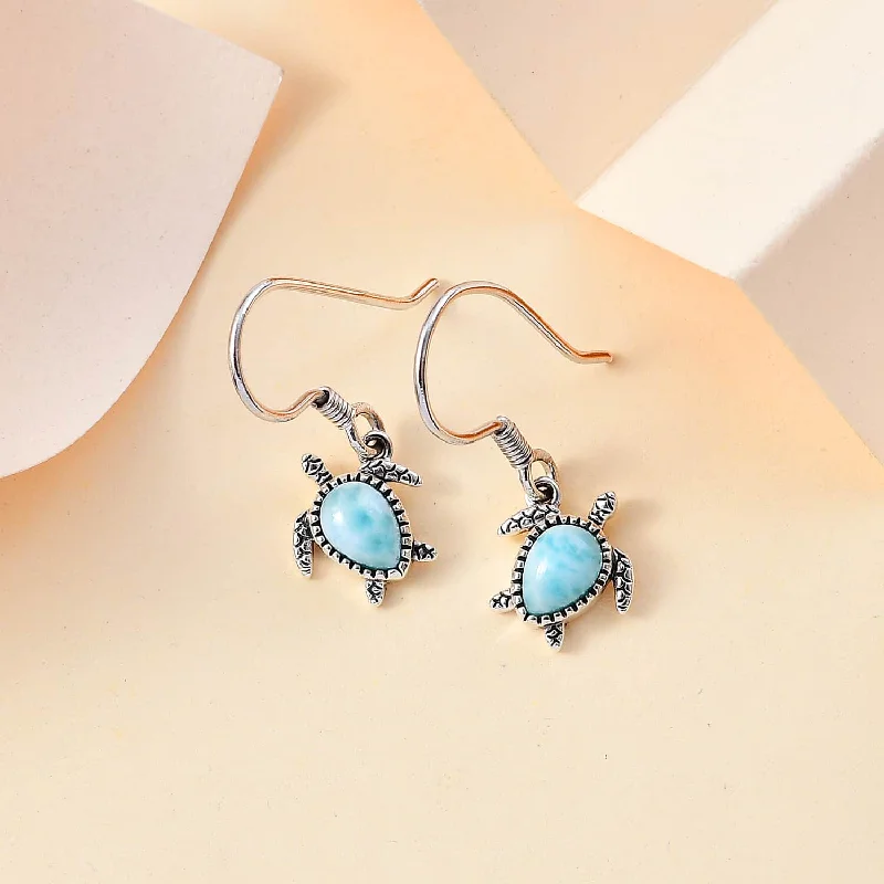 Simple Dangle Earrings-Larimar Turtle Earrings in Sterling Silver