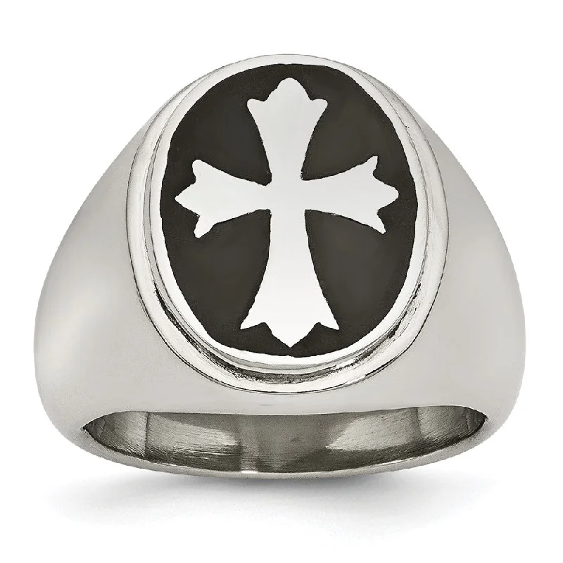 Unique Gemstone Wedding Rings-Men's 18mm Stainless Steel & Black Enamel Cross Tapered Ring