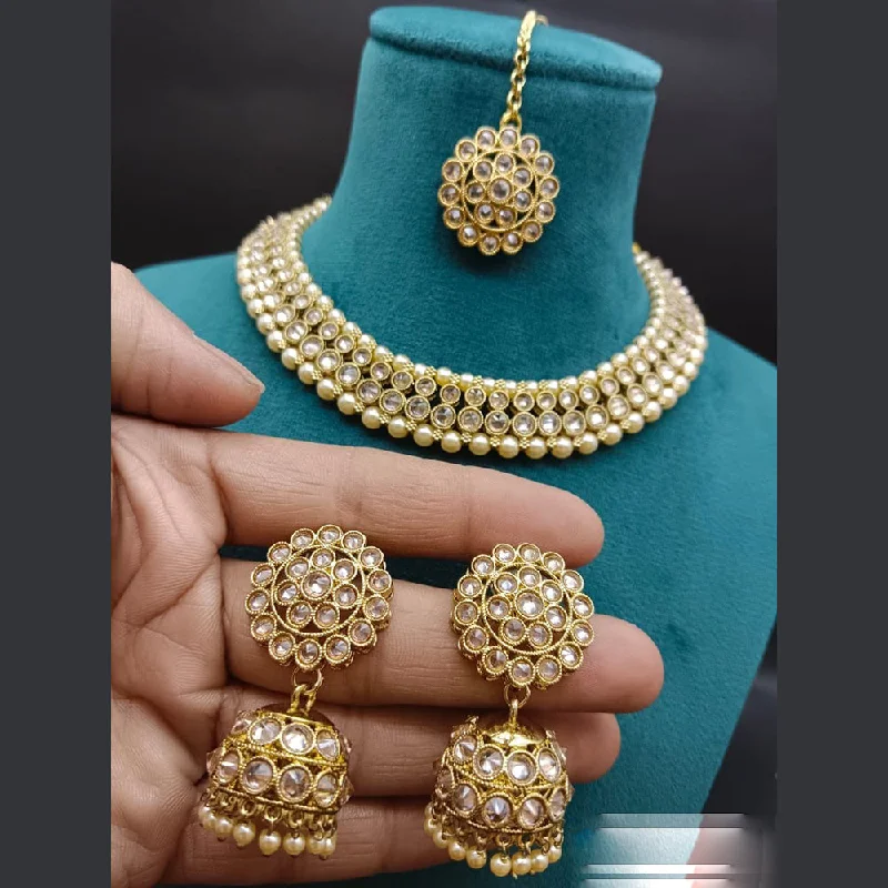 Trendy Personalized Necklaces-Hira Collections Gold Plated Crystal Stone And Pearls Choker Necklace Set