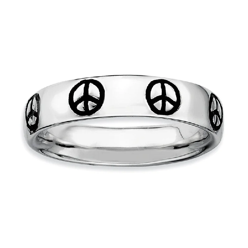 Gold Ring Sets-Rhodium Plate Sterling Silver & Black Enamel Stackable Peace Sign Band