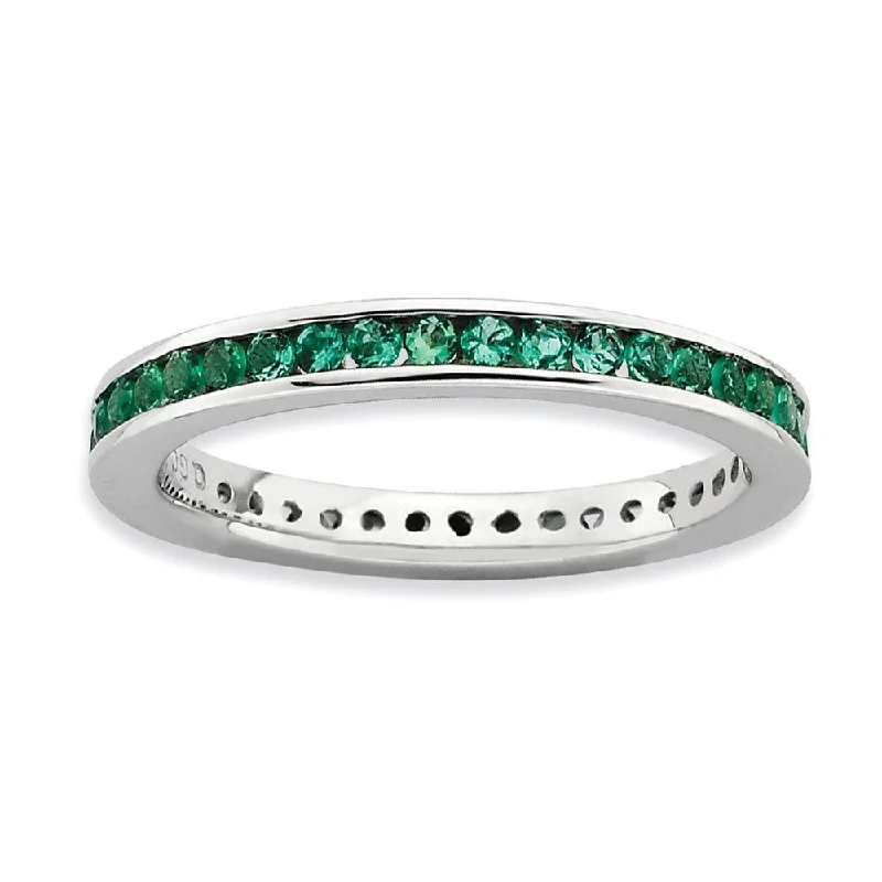 Unique Wedding Ring Bands-2.5mm Sterling Silver Stackable Created Emerald Channel Eternity Band