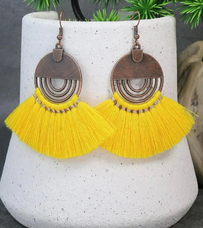 Stylish Earrings for Brides-Round Copper Earrings with Yellow Tassels