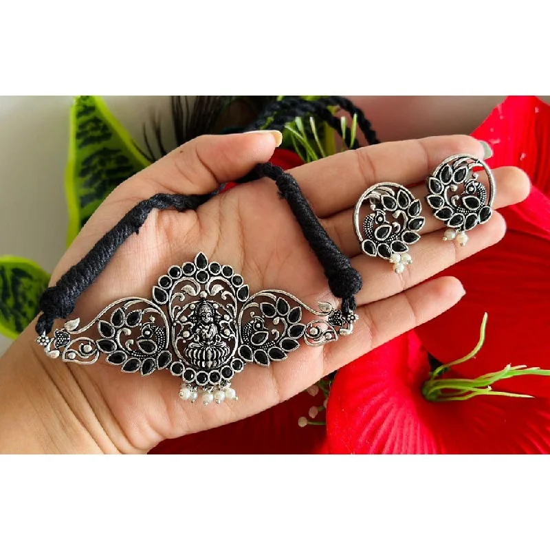 Vintage Diamond Necklaces-Akruti Collection Oxidised Plated Pota Stone Temple Choker Necklace Set