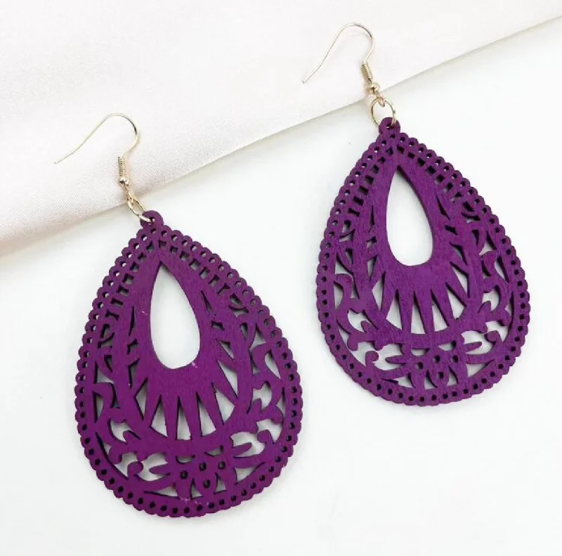 Affordable Gold Earrings-Beautiful Purple Wooden Drop Earrings