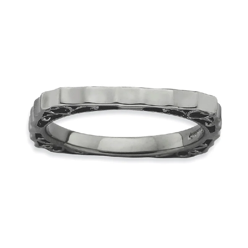 Designer Diamond Wedding Rings-2.25mm Stackable Black Plated Silver Square Concave and Scroll Band