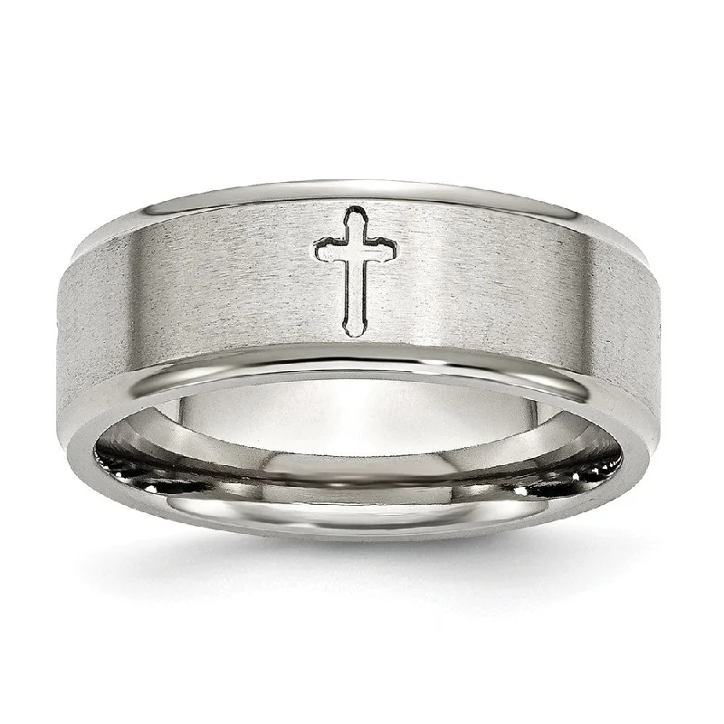 Birthstone Rings for Women-Stainless Steel Ridged Edge 8mm Cross Comfort Fit Band