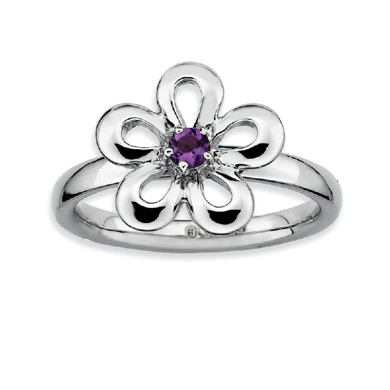 Sparkling Wedding Ring Sets-Sterling Silver & Amethyst Stackable 12mm Open Petal Flower Ring