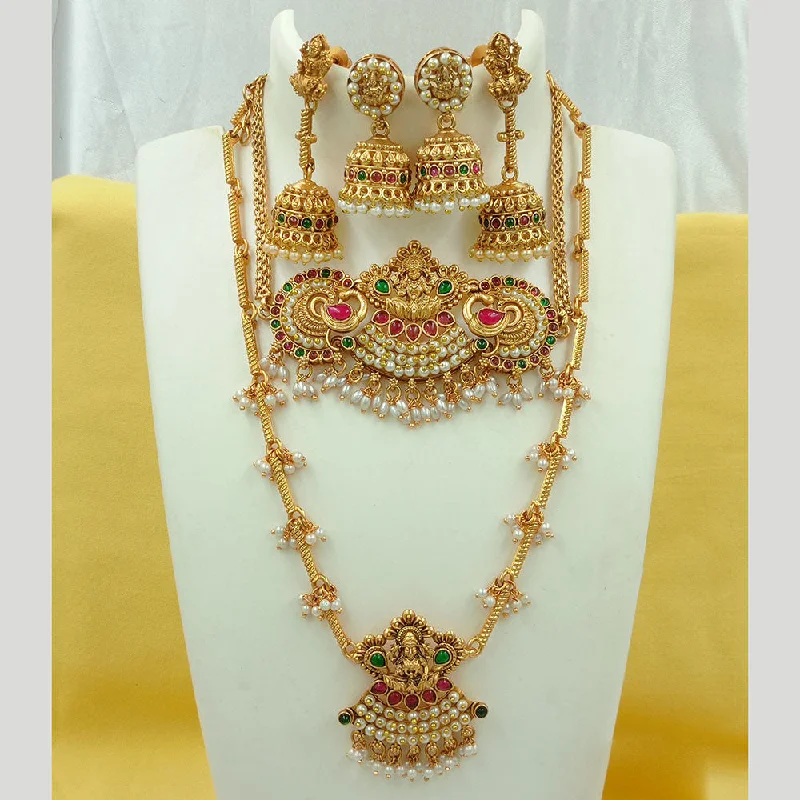 Long Pendant Necklaces-Joyful Jewel Art Matte Gold Plated Kundan Stone And Temple Double Necklace Set