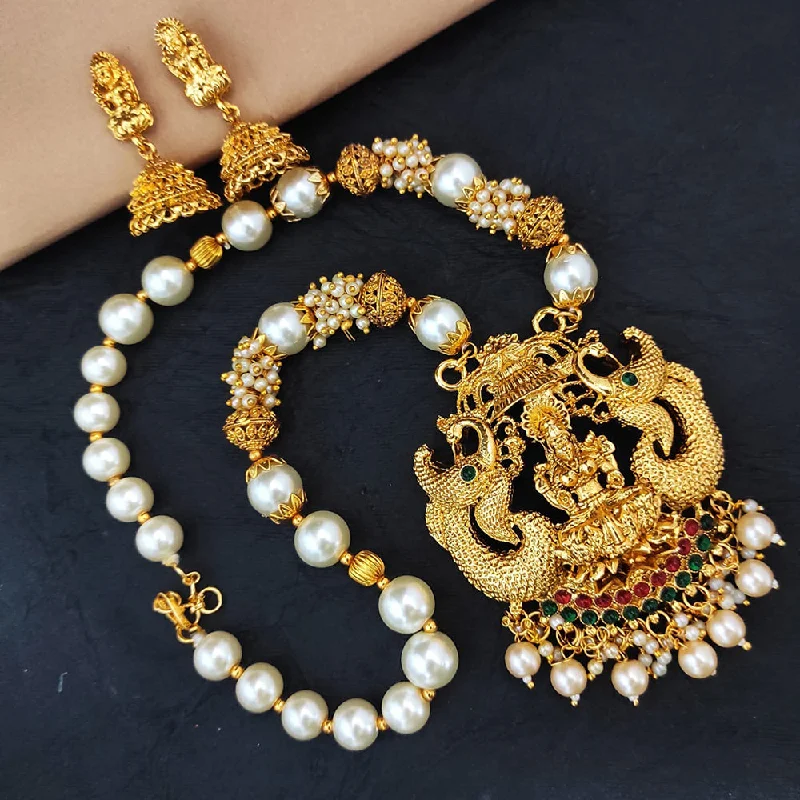 Sparkling Gold Chain Necklaces-Heera Jewellers Gold Plated Pota Stone Temple Necklace Set