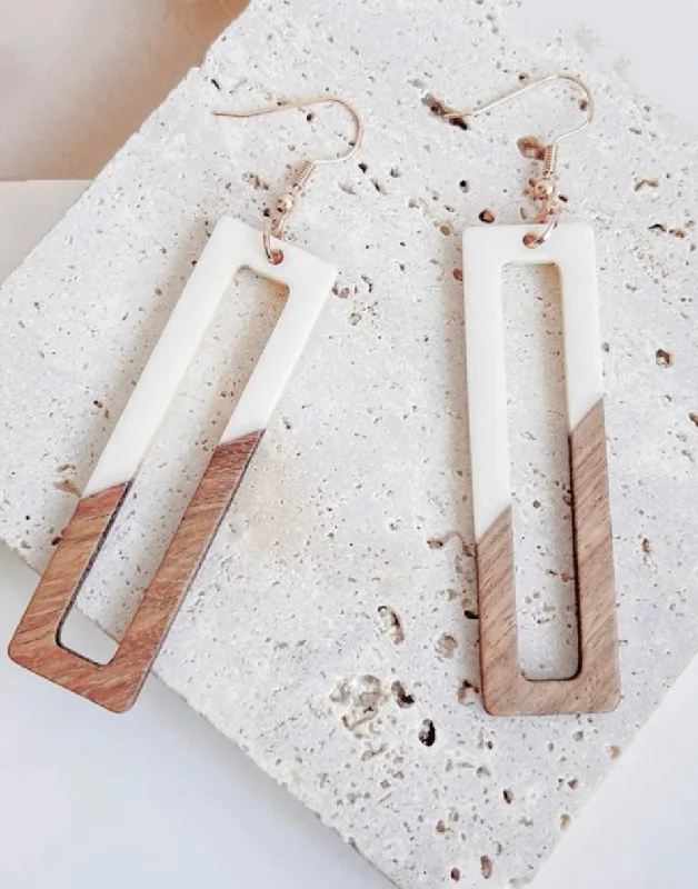 Chic Dangle Earrings-Beautiful White and Wood Rectangular Drop Earrings