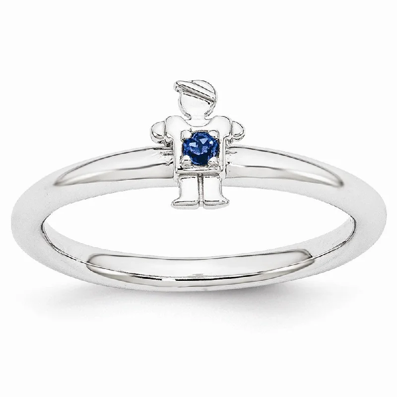 Adjustable Silver Rings-Rhodium Plated Sterling Silver Stackable Created Sapphire 7mm Boy Ring