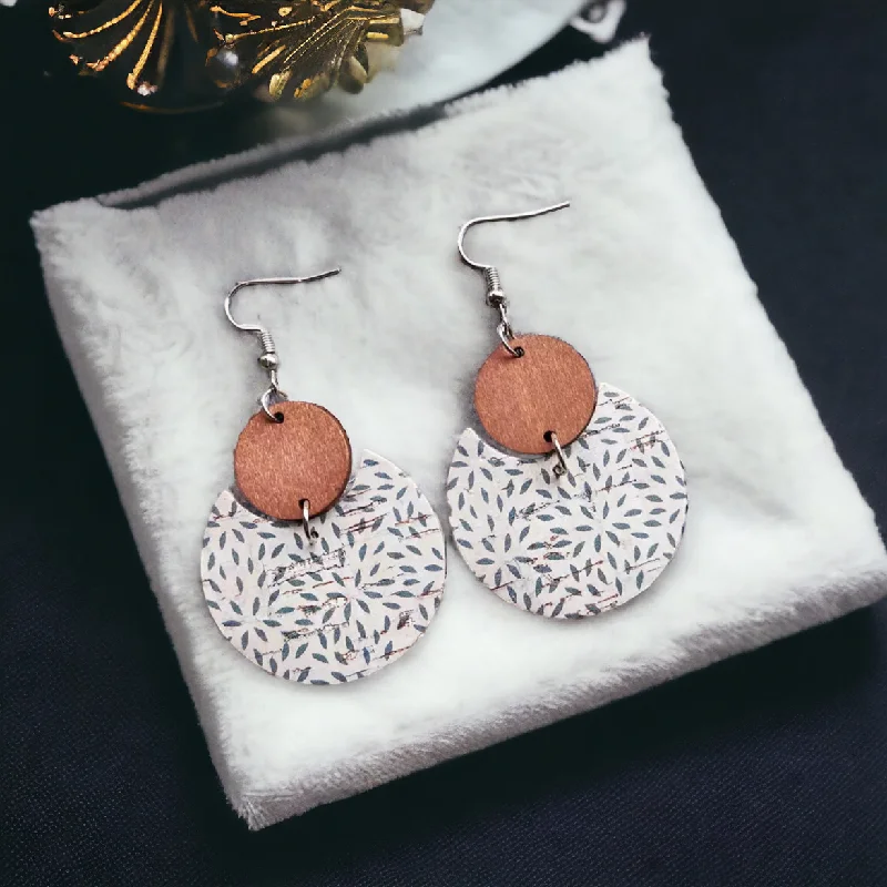 Eye-Catching Earrings-Round White and Blue Wood and Cork Earrings