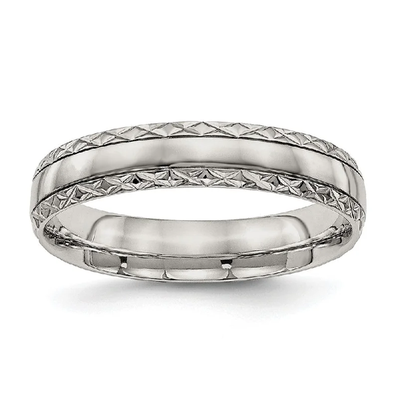 Unique Wedding Rings-5mm Stainless Steel Grooved Crisscross Edge Standard Fit Band