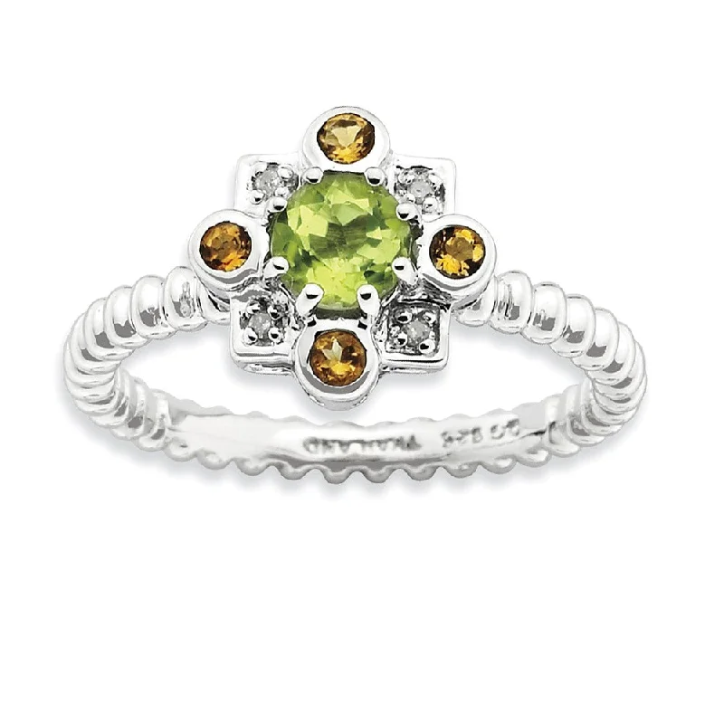 Vintage Diamond Rings-Sterling Silver Stackable Peridot, Citrine & .02ctw HI/I3 Diamond Ring