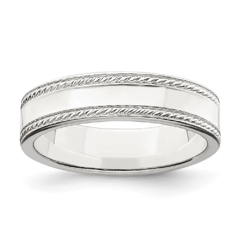 Bohemian Style Rings-5mm Sterling Silver Polished Flat Rope Edge Standard Fit Band