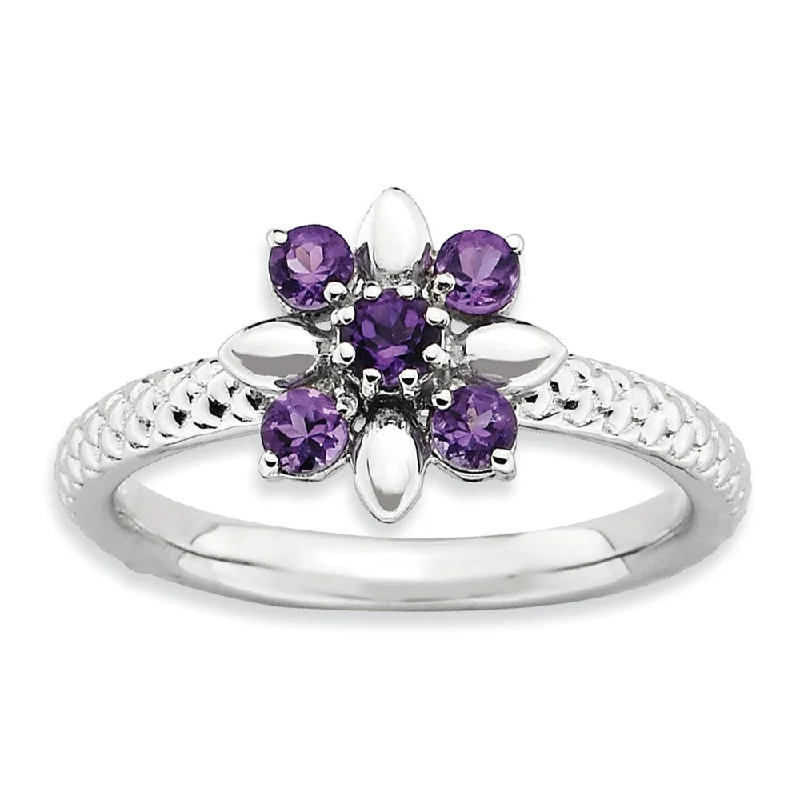 Personalized Wedding Rings-Sterling Silver & Amethyst Stackable 5 Round Stone Flower Ring