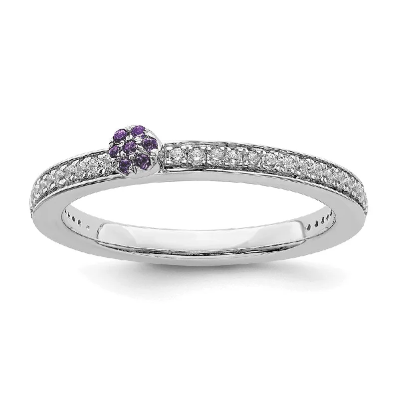 Engagement Rings with Colored Stones-14k White Gold, Amethyst & 1/8 Ctw Diamond Stackable Ring