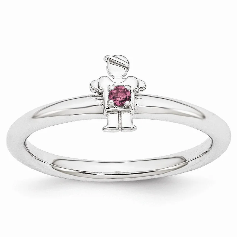 Classic Engagement Rings-Rhodium Plated Sterling Silver Stackable Rhodolite Garnet 7mm Boy Ring