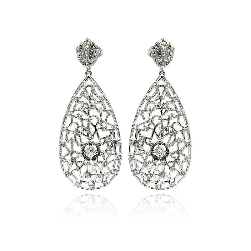 Ethnic Style Earrings-Silver 925 Rhodium Plated Teardrop CZ Dangling Stud Earrings - BGE00255