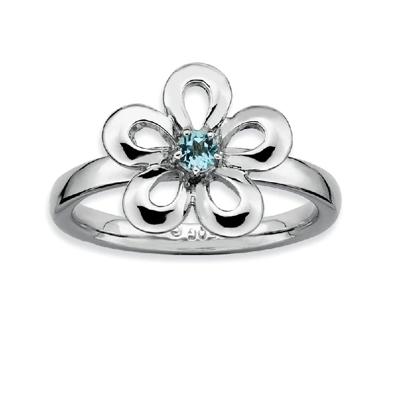 Handcrafted Diamond Rings-Silver Stackable 13mm 1/10 Carat Blue Topaz Flower Ring