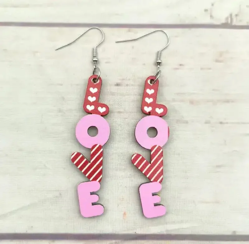 Custom Hoop Earrings-Wooden Pink and Red L-O-V-E Drop Earrings