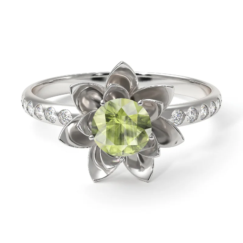 Gold Diamond Rings-Lotus Flower Peridot ring - Lotus no. 703