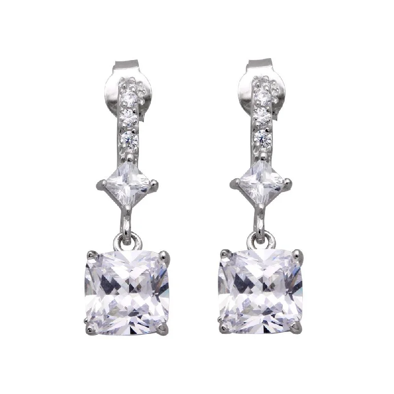 Classic Gold Earrings-Silver 925 Rhodium Plated Square CZ Dangling Post Earrings - STE00448