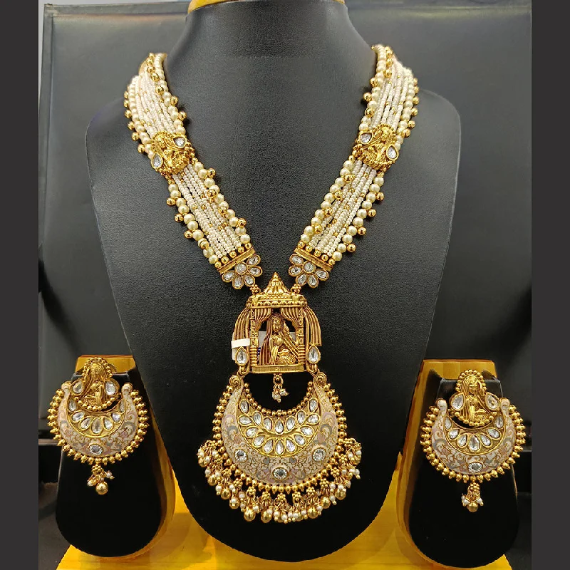 Simple Heart Necklaces-Jain Jewellers Gold Plated Kundan Stone And Meenakari Temple Long Necklace Set