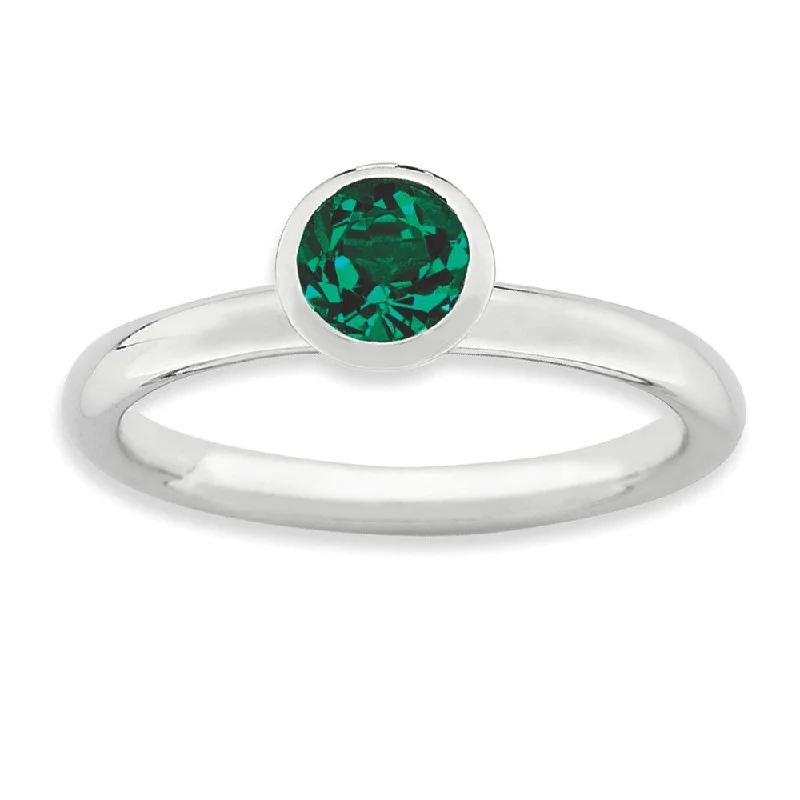 Personalized Engagement Rings-Sterling Silver w/5mm Green Crystals High Profile Stack Ring