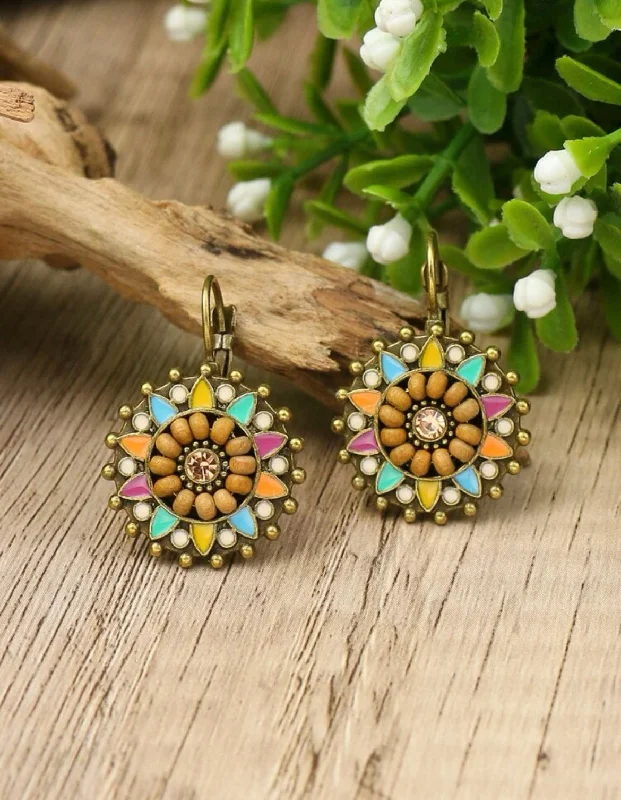 Sparkling Crystal Earrings-Round Multicolored Floral Huggie Earrings