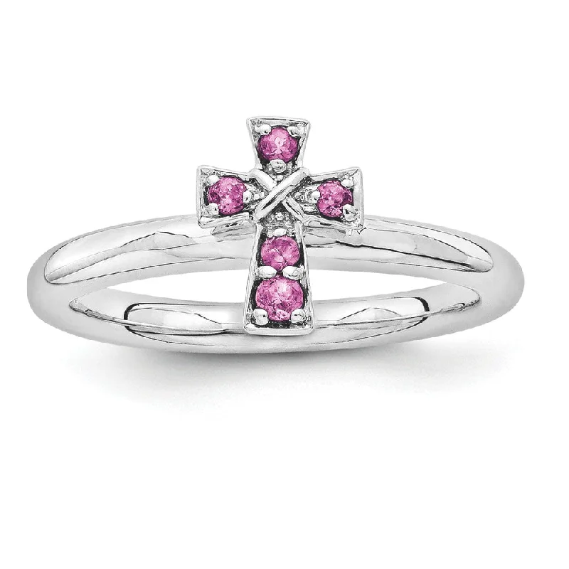 Elegant Silver Rings-Rhodium Sterling Silver Stackable Rhodolite Garnet 9mm Cross Ring