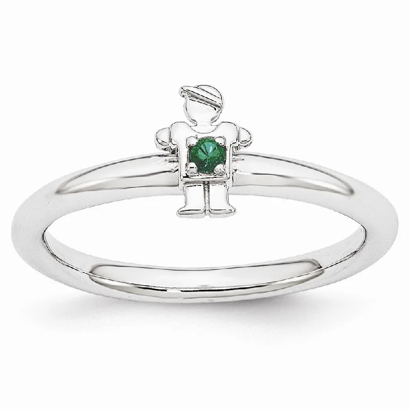 Men’s Wedding Bands-Rhodium Plated Sterling Silver Stackable Created Emerald 7mm Boy Ring