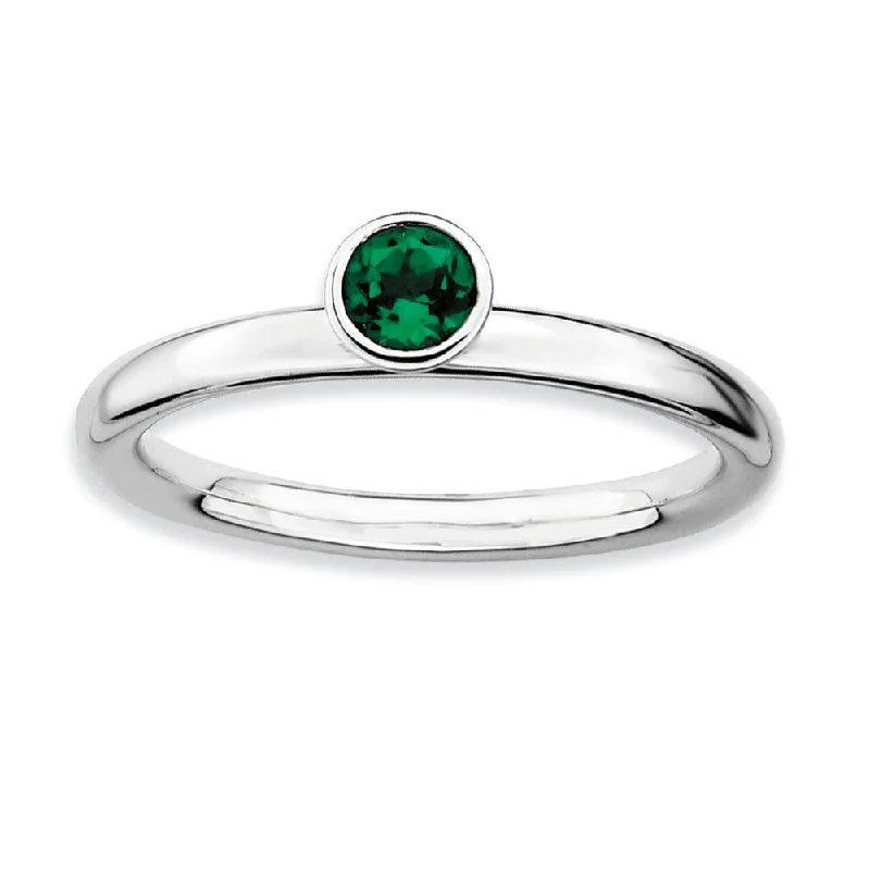 Modern Wedding Ring Sets-Stackable High Profile 4mm Created Emerald Silver Ring