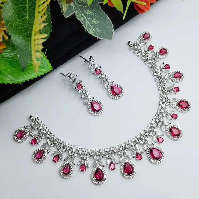 Simple Choker Necklaces-Aamrapali  Silver Plated American Diamond Necklace Set