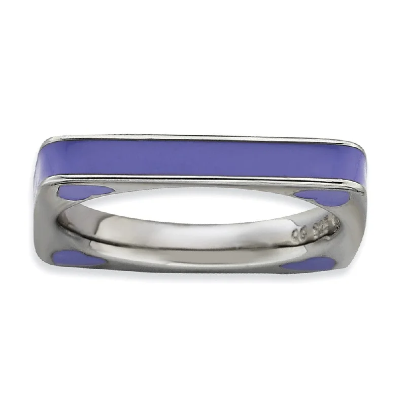 Personalized Engagement Ring Sets-3.25mm Silver and Purple Enamel Stackable Square Band