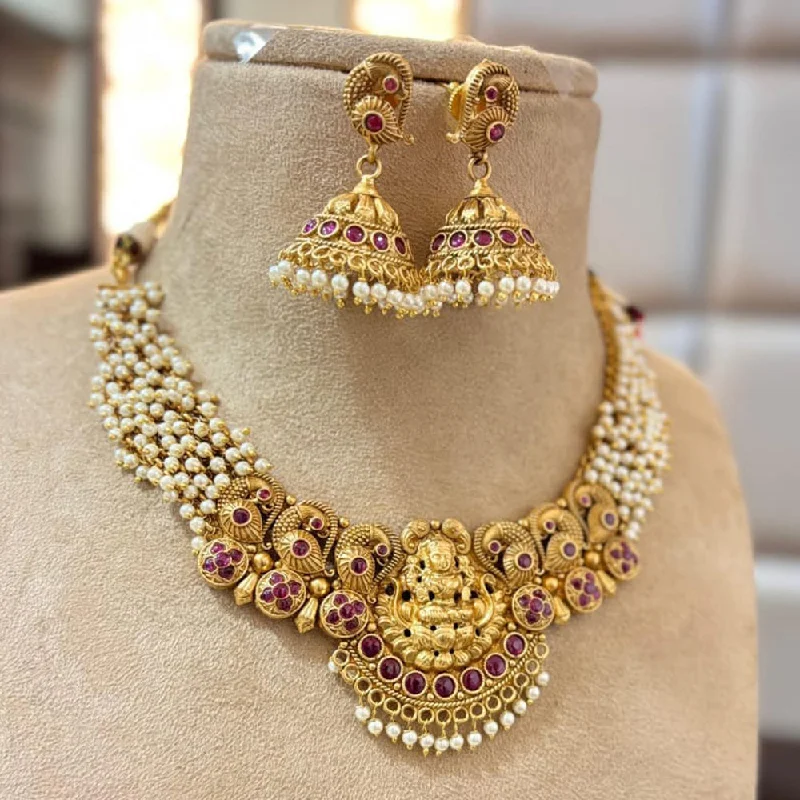 Trendy Choker Necklaces-Jewel Addiction Gold Plated Pota Stone And Pearls Temple Necklace Set