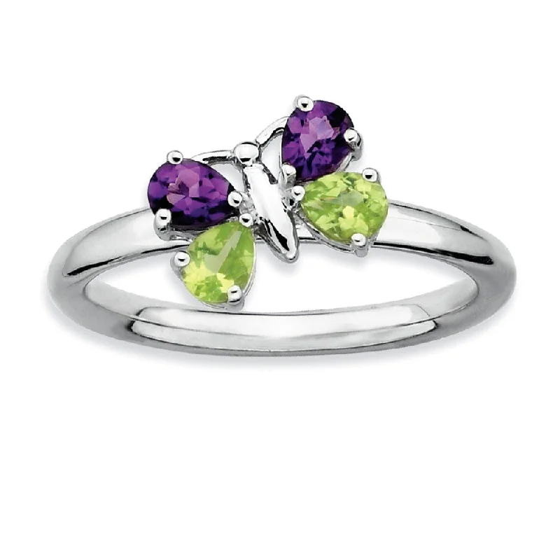 Gemstone Engagement Rings-Sterling Silver Peridot and Amethyst Stackable Gemstone Butterfly Ring