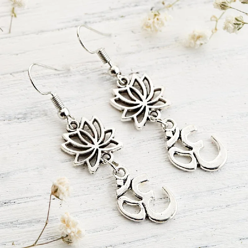 Long Dangle Earrings-Lotus Flower Om Earrings