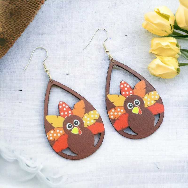 Silver Diamond Earrings-Wooden Turkey Drop Earrings