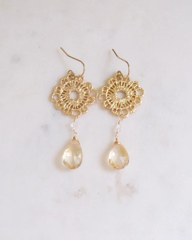 Gold Leaf Earrings-Citrine Flower Earrings